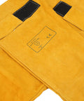 Tough As Nails Heavy Duty Cowhide Welding Sleeves Pair Flame Retardant Heat Shield Arm Guards For Welder Sparks And Weekend Garage Jobs Golden Yellow Leather Armor close-up view showing fabric details and buckle.