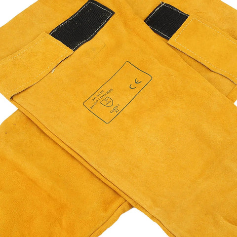 Tough As Nails Heavy Duty Cowhide Welding Sleeves Pair Flame Retardant Heat Shield Arm Guards For Welder Sparks And Weekend Garage Jobs Golden Yellow Leather Armor close-up view showing fabric details and buckle.