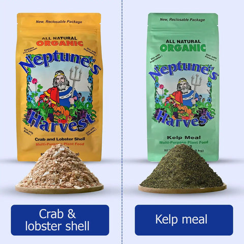 Crab And Lobster Shell Plant Food 5-3-0 With Kelp Meal 1-0-2 Dual Pack Organic Fertilizer For Lawn And Garden That Boosts Soil Health Root Strength Moisture Retention And Big Growth. two bags