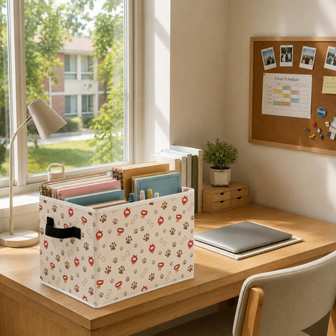 Chill Out The Clutter With These Adorable Dog Paw Print Foldable Storage Bins featuring heavy duty handles, 10.6" size, organizing files in a sunny office.
