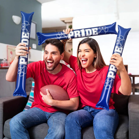Fans holding 48 Pcs Thunder Sticks With Paw Print Design Inflatable Noise Makers For Parties, Sports Events, Blue, cheering with joy
