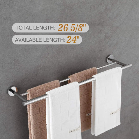 Polished Chrome 5 Piece Bathroom Hardware Set With 24 Inch Double Towel Bar displaying towels against grey wall
