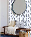 Boho Peel And Stick Wallpaper Stripe Removable Navy And White Chevron Vinyl Contact Paper Mural in living room decor scene.