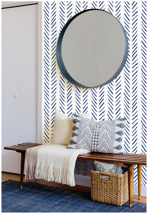 Boho Peel And Stick Wallpaper Stripe Removable Navy And White Chevron Vinyl Contact Paper Mural in living room decor scene.