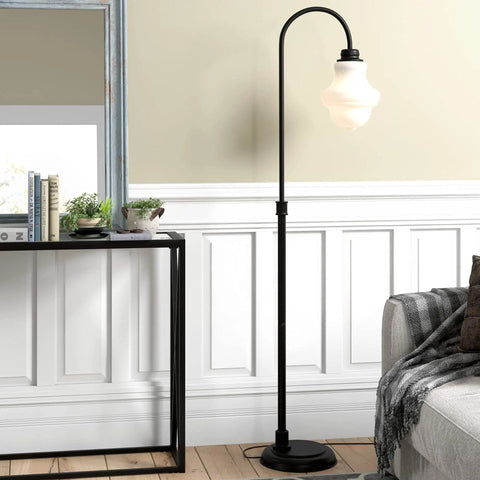Tall Floor Lamp With Glass Shade In Blackened Bronze And White Milk Finish in living room next to sofa, modern glam accent lighting