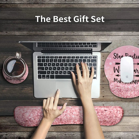 Pink 4 In 1 XXL Desk Pad Set With Keyboard Wrist Rest Mouse Wrist Rest And Coaster Extended Desk Cover Mat For Home Office