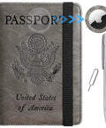 Passport Holder Wallet With RFID Blocking Leather Card Case For Travel Essentials, Slim And Durable, Includes Tracker Slot And Pen Loop, Grey