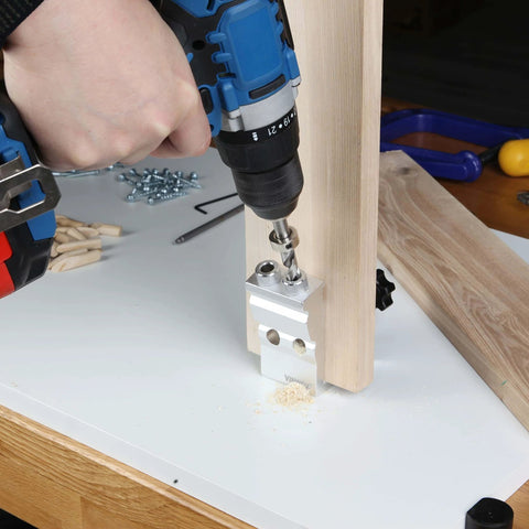 Pocket Hole Jig Kit 31 Piece Set With Adjustable Drill Guides Step Drill Bit And Robertson Screws in use on wooden frame
