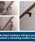 Person installing a Heavy Duty Black Hand Rail Brackets Six Piece Set For Indoor Stairs And Outdoor Use Durable Three Inch Banister Support Hardware.