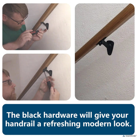 Person installing a Heavy Duty Black Hand Rail Brackets Six Piece Set For Indoor Stairs And Outdoor Use Durable Three Inch Banister Support Hardware.
