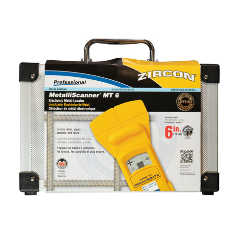 MT6 Pro Deep Scan Metal Detector Handheld Locator displayed with packaging and case, designed for finding pipes and rebar, yellow.