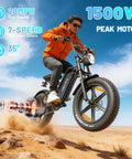 Fat Tire Electric Mountain Bike All Terrain E Bike With 1500W Peak Motor, 28 MPH Top Speed, 60 Mile Pedal Assist Range