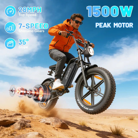 Fat Tire Electric Mountain Bike All Terrain E Bike With 1500W Peak Motor, 28 MPH Top Speed, 60 Mile Pedal Assist Range