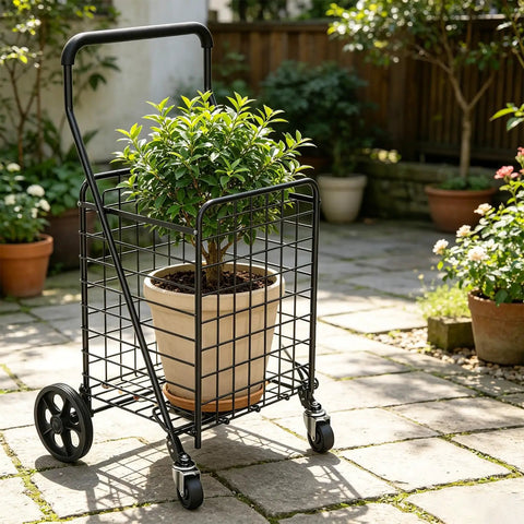Go-To Grocery Cart With 360 Degree Swivel Front Wheels And 100 Lb Capacity, Collapsible Utility Cart holding potted plant, outside