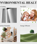 Collage showing benefits of 100 Percent Blackout Curtain Panel: no coating, no CH2O, machine washable, energy efficient.