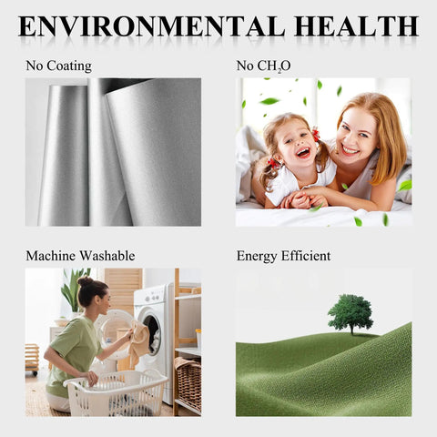 Collage showing benefits of 100 Percent Blackout Curtain Panel: no coating, no CH2O, machine washable, energy efficient.