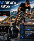 Cyclist using 4K Mini Wearable Body Camera with 64GB, capturing road footage, phone app displaying video, helmet-mounted action cam