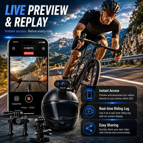 Cyclist using 4K Mini Wearable Body Camera with 64GB, capturing road footage, phone app displaying video, helmet-mounted action cam