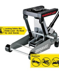 2 Ton Triple Lift Floor Jack For Cars Trucks Motorcycles ATVs And More Replaces Multiple Jacks With A Wide Lift Range From 5.5 Inches To 17.5 Inches Ultra Stable With Locking Safety Bar in a side view showing the locking bar and 4000 lb capacity