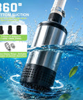 Kickass Cordless Submersible Water Pump With 1000GPH Brushless High Flow And 14.8 Ft Cable in water showing 360° bottom suction features.