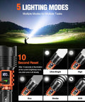 Rechargeable LED Flashlight 90,000LM Beast Bright with LCD display, showcasing 5 lighting modes and 10-second reset feature