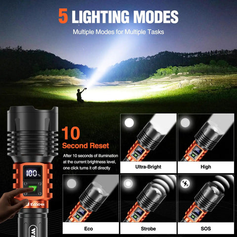 Rechargeable LED Flashlight 90,000LM Beast Bright with LCD display, showcasing 5 lighting modes and 10-second reset feature