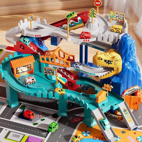 Dinosaur Race Car Tracks For Toddlers And Kids Aged 3 To 8 With Dinosaur Climbing Hills And Ramps Includes 7 Small Cars Map And Stickers