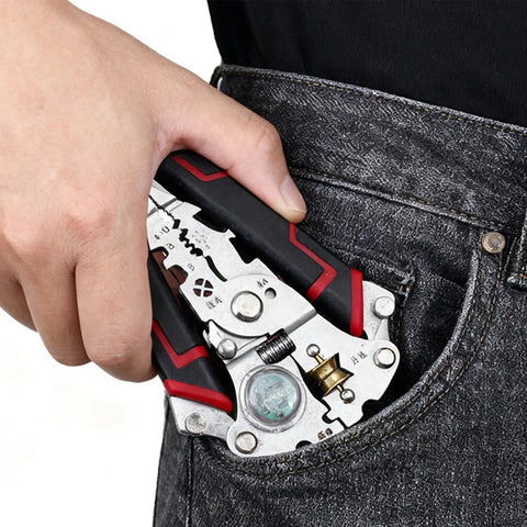 Heavy Duty Electrician Wire Stripper Tools With Built In Voltage Tester And Crimping Pliers in pocket for easy access.