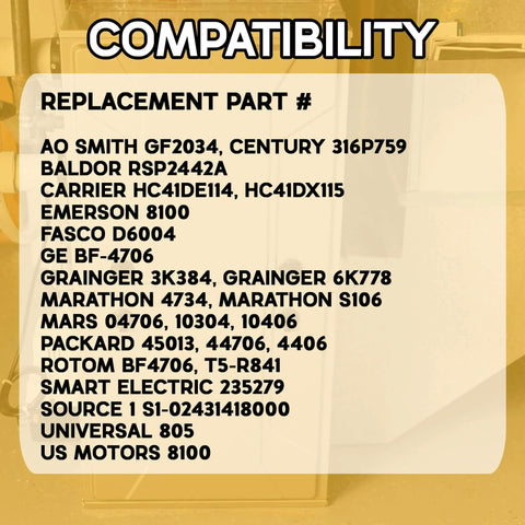 Compatibility list for 1/3 HP Belt Drive Motor GF2034 1725 RPM 48FR Single Unit with replacement part numbers.
