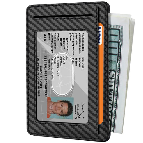 Front Pocket Minimalist Leather Wallet With RFID Blocking Carbon Fiber Texture Ultra Slim 0.12 Inch Thick Black Card Holder