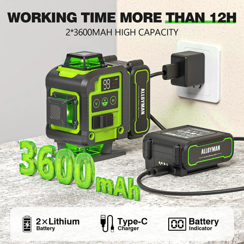 Self Leveling Laser Level With Tripod For DIY Pros And Handymen, 360 Degree Green Cross Lines, 4D Laser Leveler With Included 2 Lithium Batteries, High Precision For Picture Hanging, Tile Work, Home Renovation, Indoor Use, charger and battery pack