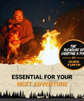 Person sitting by a campfire with dog at night, promoting "Fire Starter Survival Kit With 3 Eighth Inch Ferro Rod, Multi Tool Striker"