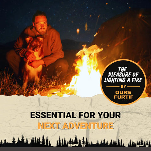 Person sitting by a campfire with dog at night, promoting "Fire Starter Survival Kit With 3 Eighth Inch Ferro Rod, Multi Tool Striker"
