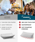 Comparison of red disposable food trays, showing 280 GSM paper details and commercial use for various foods