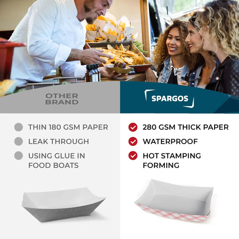 Comparison of red disposable food trays, showing 280 GSM paper details and commercial use for various foods
