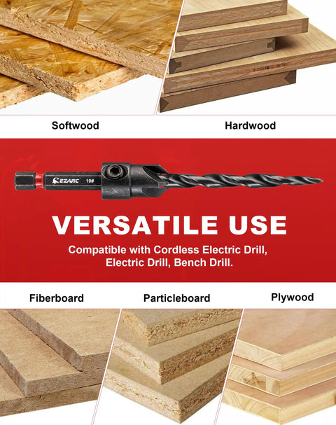 Pro Grade Heavy Duty Wood Countersink Drill Bit Set With Four Six Eight Ten Twelve Tapered Bits One Quarter Inch Hex Shank Plus Plug Cutters Allen Key And Depth Stop Collars compatibility with various wood types