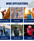 Six images showing diverse uses including rock climbing, downhill, cargo transport, aerial work, theme park, and rescue.