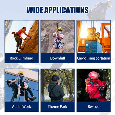 Six images showing diverse uses including rock climbing, downhill, cargo transport, aerial work, theme park, and rescue.