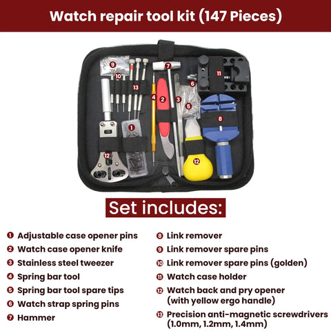 Pro Grade All In One Watch Repair Tool Kit With 147 Pieces Including Case Opener Spring Bar Tool Link Remover Back Remover