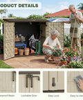 Weatherproof 36 Cu Ft Outdoor Storage Box With Lockable Doors, resin cabinet in garden, open to show tools and pots inside.