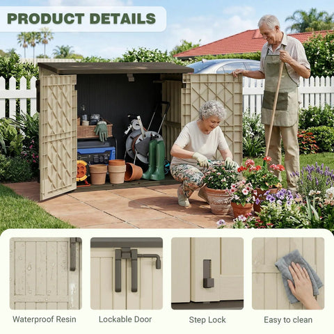 Weatherproof 36 Cu Ft Outdoor Storage Box With Lockable Doors, resin cabinet in garden, open to show tools and pots inside.