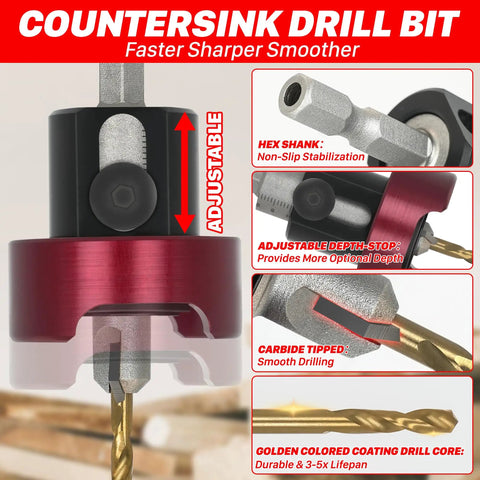 Straight Ahead Heavy Hitter 3/8 Shank Carbide Tipped Countersink Drill Bit showing adjustable depth stop and hex grip.
