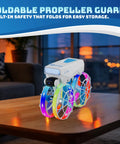 Mini Foldable Drone With 4.3 Inch Screen Remote No Smartphone Needed on wooden table, LED lights on propellers