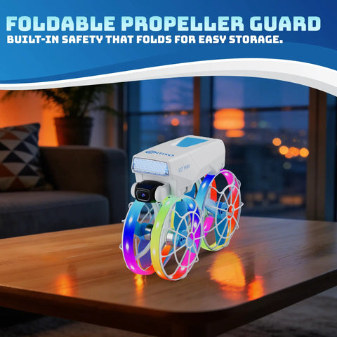 Mini Foldable Drone With 4.3 Inch Screen Remote No Smartphone Needed on wooden table, LED lights on propellers