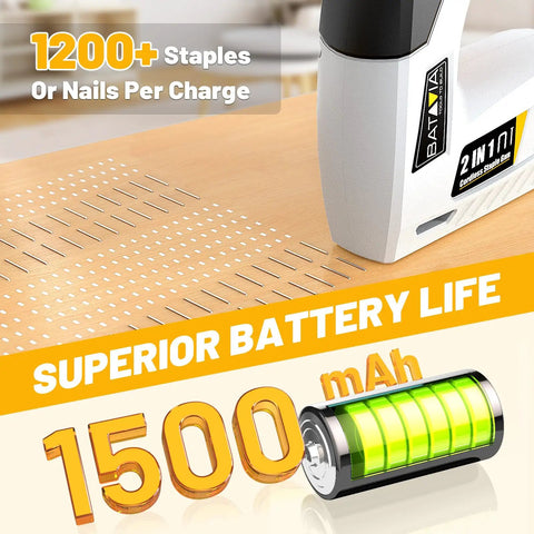 Straight Up Hassle Free Cordless Electric Staple Gun And Brad Nailer Combo with 1500mAh battery on wooden surface showing staples.