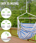 Striped Hammock Chair With Rope Swing Anti Slip Steel Spreader Bar Durable Cotton Ropes Breathable Soft Fabric Ready To Chill Up To 300 Lbs Indoor Outdoor Relaxation For Porch Patio And Backyard, Installation Steps Displayed