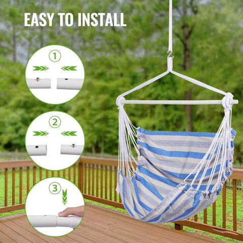 Striped Hammock Chair With Rope Swing Anti Slip Steel Spreader Bar Durable Cotton Ropes Breathable Soft Fabric Ready To Chill Up To 300 Lbs Indoor Outdoor Relaxation For Porch Patio And Backyard, Installation Steps Displayed