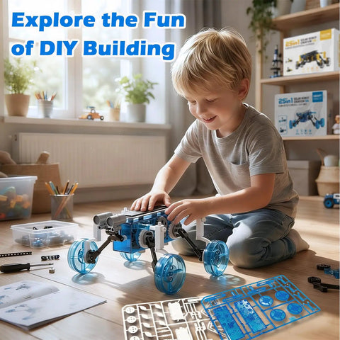 Child building robot from Solar Powered 25-In-1 Robot Kit For Kids Aged 8 To 12, hands-on STEM toy in sunny room