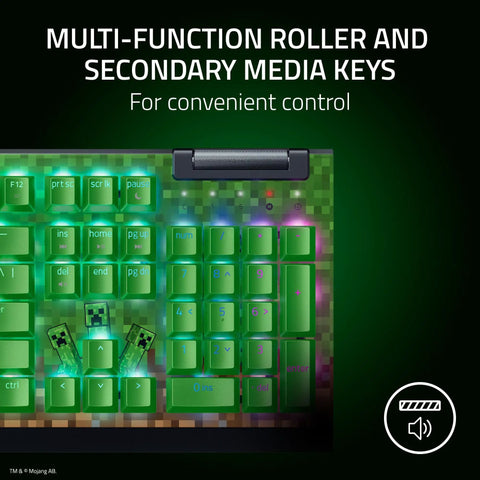 Next Level Minecraft Edition Mechanical Gaming Keyboard With Sick Chroma RGB Lighting Clicky Tactile Green Switches Easy Macro Programming And Ridiculously Durable Doubleshot Abs Keycaps, featuring multi-function roller and media keys.