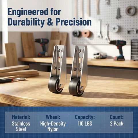 Built Tough Vertical Track Roller Wheels For Barn Doors And Cabinets Zero Wiggle Bottom Slide Guides With Rubber Treads Keeps Heavy Doors Running Smooth Without Sagging Set Of Two on a workbench.